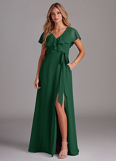 Azazie Lainey Bridesmaid Dresses Dark Green A-Line with Pockets Chiffon Dress image1