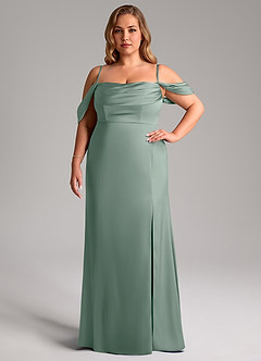 Azazie Saige Vestidos de damas de honor Vestido de Salvia Plateada de Satén Elástico de Corte Recto con Vestidos sin tirantes image15