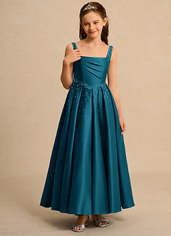 Azazie Mochi Girls Formal Robe Demoiselle D'honneur Fillette Robe Princesse en Mat Satiné Plissée Bleu Encre image5