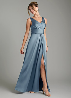 Azazie Karina Bridesmaid Dresses Dusty Blue A-Line Pleated Stretch Satin Dress image4