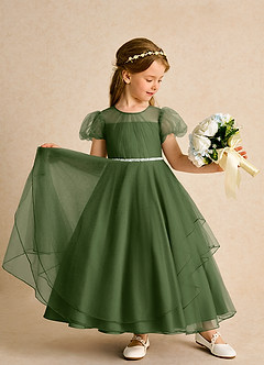 Azazie Duckie Abiti da Ragazza di Fiori Abito Principessa in Tulle Plissettato Oliva image3