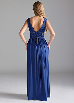 Azazie Elly Bridesmaid Dresses Royal Blue A-Line Lace Stretch Satin Dress image2
