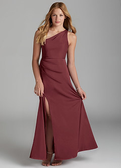 Azazie Maron Junior Merlot A-Line Pleated Stretch Satin Dress image1