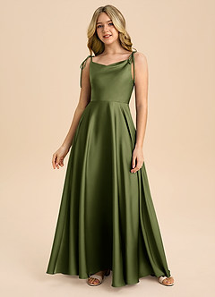 Azazie Popsy Junior Olive A-Line Bow Stretch Satin Dress image3
