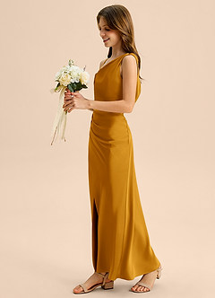 Azazie Madelyn Junior Osłona Zza ramienia Satyna elastyczna Długość podłogi Młodsza druhna Sukienka image3