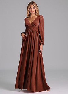 Azazie Norah Bridesmaid Dresses Terracotta A-Line Long Sleeve Velvet Dress image1