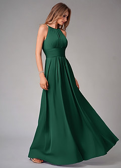 Azazie Bonnie Bridesmaid Dresses Dark Green A-Line Pleated Stretch Satin Dress image4