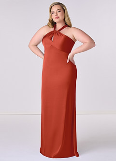 Barbie ♥ Azazie Bridesmaid Dresses Rust Sheath Stretch Satin Dress image9
