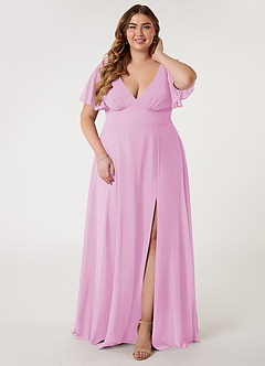 Azazie Kimber Bridesmaid Dresses Candy Pink A-Line Flounce Sleeve Chiffon Dress image6