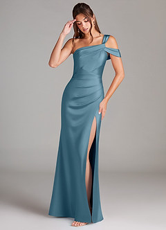Azazie Wynter Bridesmaid Dresses Bermuda Sheath Off the Shoulder Stretch Satin Dress image3