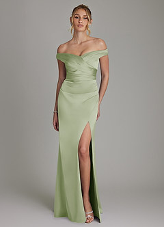 Azazie Teyana Bridesmaid Dresses Dusty Sage Sheath Off the Shoulder Stretch Satin Dress image4