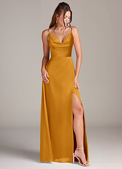Azazie Sarella Bridesmaid Dresses Butterscotch A-Line Pleated Stretch Satin Dress image3