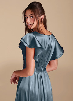 Azazie Daphne Modest Bridesmaid Dresses A-Line Ruched Metallic Satin Floor-Length Dress image6