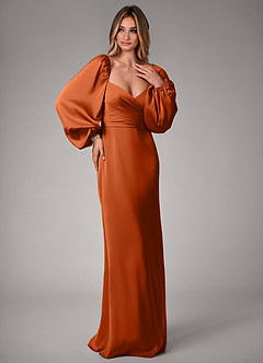 Azazie Sonata Bridesmaid Dresses Burnt Orange Sheath Long Sleeve Stretch Satin Convertible Dress image4