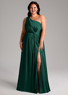 Azazie Brooke Bridesmaid Dresses Emerald A-Line One Shoulder Stretch Satin Dress image8