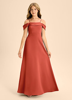 Azazie Anselie Junior Rust A-Line Off the Shoulder Stretch Satin Dress image7