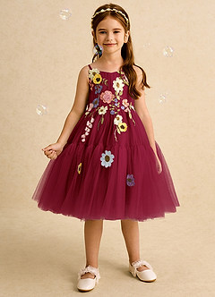 Azazie Osea Flower Girl Dresses Burgundy Ball-Gown Pleated Tulle Dress image3