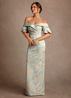 Azazie Golda Mother of the Bride Dresses Vintage Blue Sheath Off the Shoulder Jacquard Dress image3
