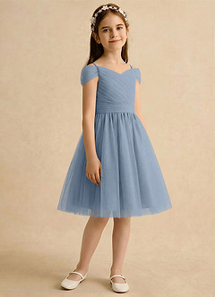 Azazie Lila Girls Formal Blumenmädchenkleider A-Linie Schulterfrei Tüll Kleid Staubblau image5