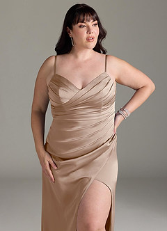 Azazie Yola Bridesmaid Dresses Taupe Sheath V-Neck Pleated Stretch Satin Convertible Dress image14