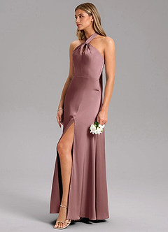 Azazie Tracie Bridesmaid Dresses Vintage Mauve A-Line Side Slit Stretch Satin Dress image6