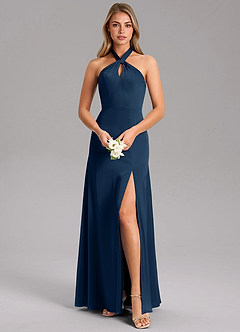 Azazie Tracie Bridesmaid Dresses Dark Navy A-Line Side Slit Stretch Satin Dress image1