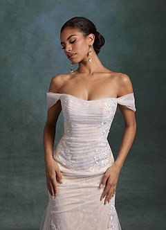 Azazie Ella At-home Try On Dresses Diamond White Champagne Mermaid Sweetheart Neckline Tulle Dress image5