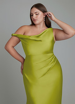 Azazie Emerson Bridesmaid Dresses Lemongrass Mermaid Off the Shoulder Stretch Satin Dress image12
