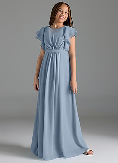 Azazie Daphne Junior Robe Trapèze en Mousseline de soie Plissée Bleu Poussiéreux image4