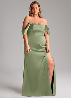 Azazie Saige Bridesmaid Dresses Pistachio Sheath Off the Shoulder Stretch Satin Dress image13