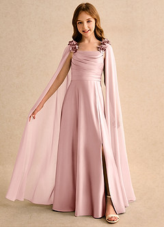 Azazie Rosita Girls Formal Robe Demoiselle D'honneur Fillette Robe Trapèze en Mat Satiné Plissée Rose Poudré image1