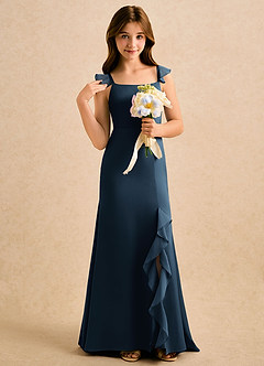 Azazie Novalie Girls Formal Flower Girl Dresses Dark Navy Mermaid Bow Stretch Satin Dress image5