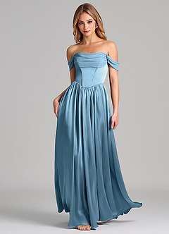 Azazie Raisa Jurken voor bruidsmeisjes Jurk van Stretch Satijn met A-Lijn Off the Shoulder Staal Blauw image3