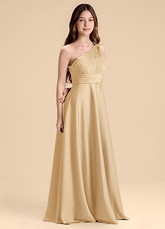 Azazie Charlize Junior Vestido de Oro de Satén Elástico de Corte en A con Plisado image3