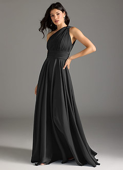 Azazie Charlize Bridesmaid Dresses Black A-Line One Shoulder Stretch Satin Dress image4