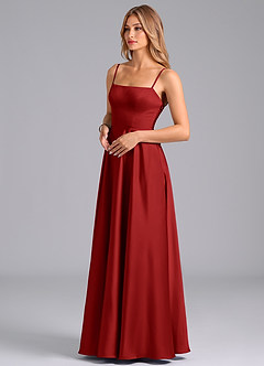 Azazie Elita Bridesmaid Dresses Pomegranate A-Line Pleated Stretch Satin Dress image4
