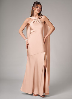 Azazie Kinsley Robes de demoiselle d'honneur Robe Sirène en Satin extensible Fente Latérale Or Rose image5