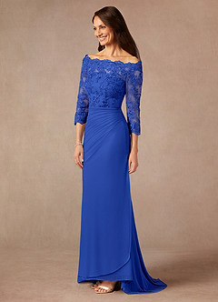 Azazie Rhonda Mother of the Bride Dresses Royal Blue Mermaid Off the Shoulder Mesh Dress image4