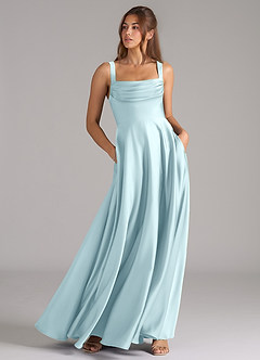 Azazie Shaude Robes de demoiselle d'honneur Robe Trapèze en Satin extensible Plissée Bleu Nuage image3