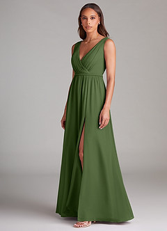 Azazie Tanicia Robes de demoiselle d'honneur Robe Trapèze en Mousseline de soie Plissée Olive image2