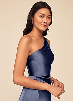 Azazie Maron Robes de demoiselle d'honneur Robe Trapèze en Satin extensible Epaule unique Bleu Orageux image5