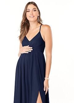 Azazie Annabelle vestidos de dama de honor de maternidad Vestido de Acampanado Cuello en V plisado Largo hasta el piso Malla image6