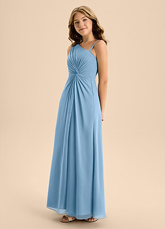 Azazie Brooke Junior Vestido de Azul Acero de Gasa de Corte En A con Corte Lateral image6