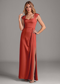 Azazie Laila Bridesmaid Dresses Rust A-Line Pleated Stretch Satin Dress image3
