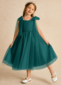 Azazie Dori Robe Demoiselle D'honneur Fillette Robe Trapèze en Tulle Rayé Paon image4