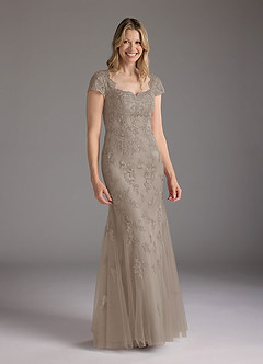 Azazie Marbella Mother of the Bride Dresses Taupe Mermaid Queen Anne Sequins Lace Dress image4