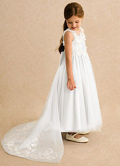 Azazie Mixie vestidos de niña de las flores Vestido de Marfil de Encaje de Corte Princesa image3