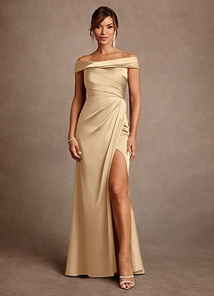 Azazie Bedford Mother of the Bride Dresses Champagne Sheath Pleated Stretch Satin Dress image1