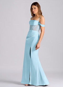 Azazie Alyce Robes de demoiselle d'honneur Robe Sirène Convertible en Satin extensible Épaule décolletée Bleu Ciel image4
