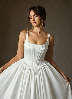 Azazie Cyanne 웨딩드레스 볼가운 포켓이 있는 스트레치 새틴 채플 트레인 드레스 image10